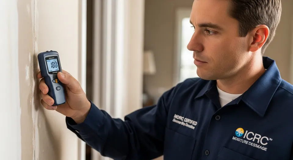 IICRC certified water damage restoration professional with moisture meter
