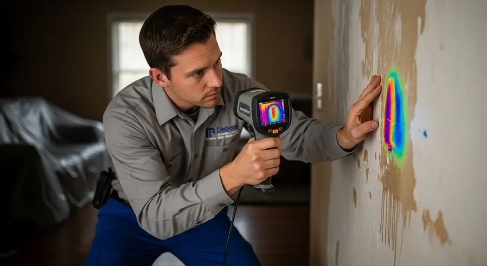 Professional technician using thermal imaging camera for water damage inspection